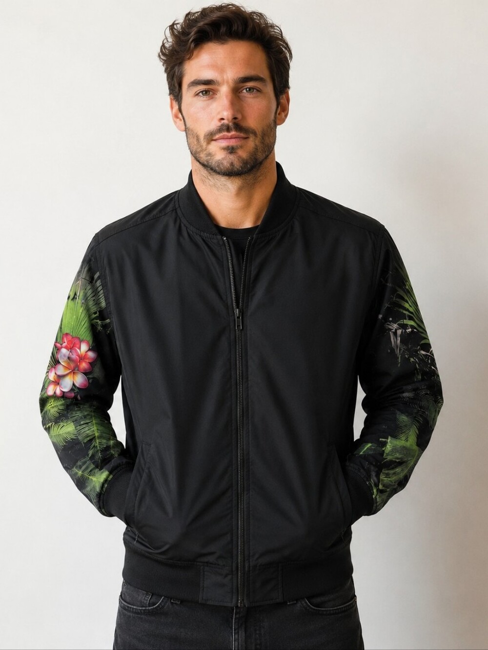 Le 31 Men’s Tropical Floral Sleeve Bomber Jacket – Size Large